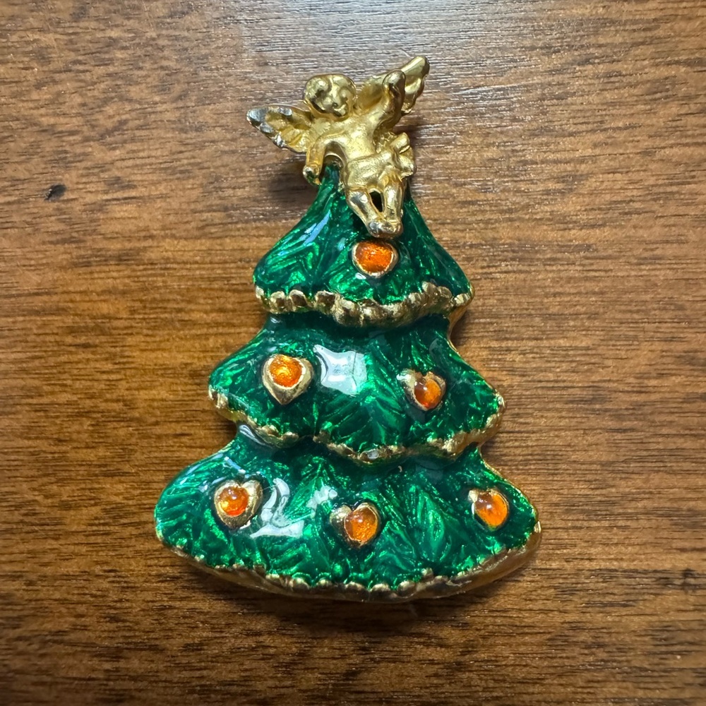 Vintage Enameled Green and Gold Christmas Tree